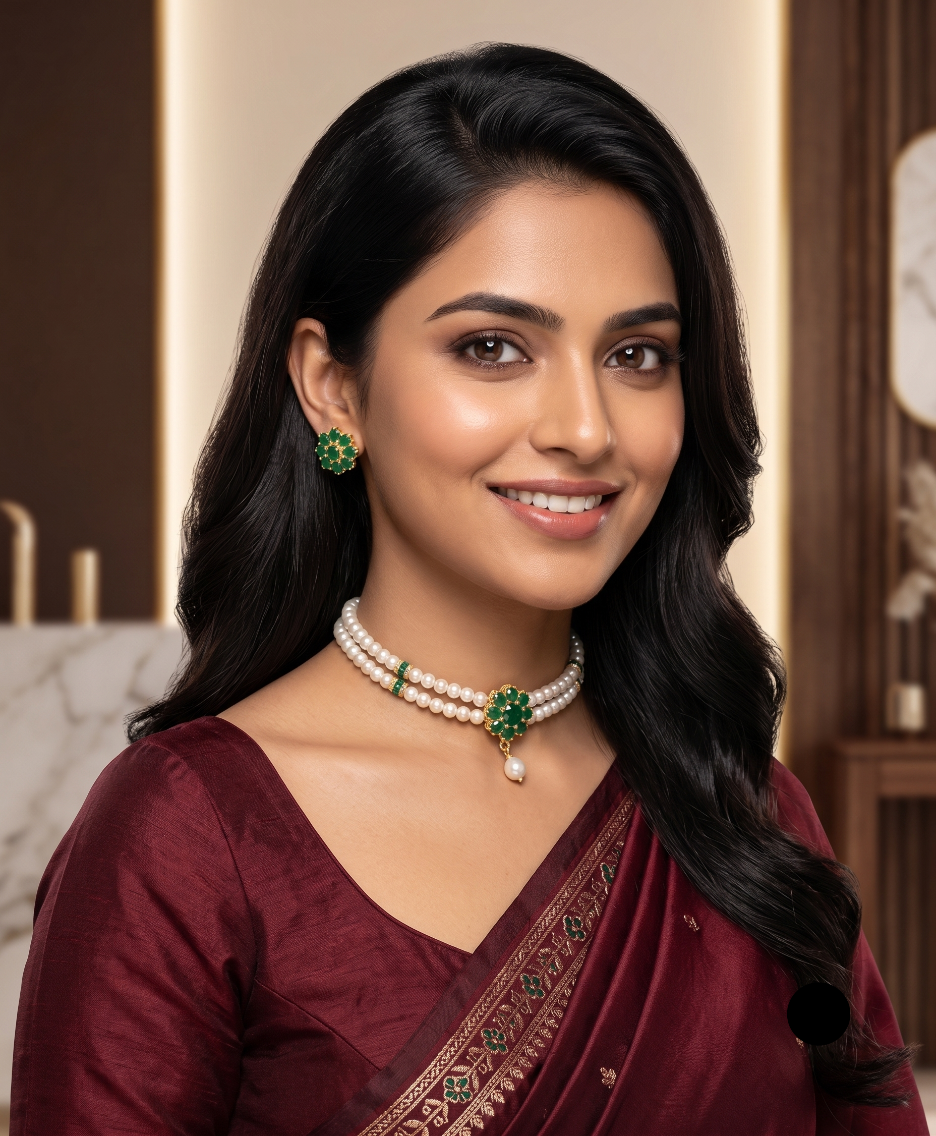 2-Line Flat Pearl Choker with Green Floral Pendant | Jagdamba2