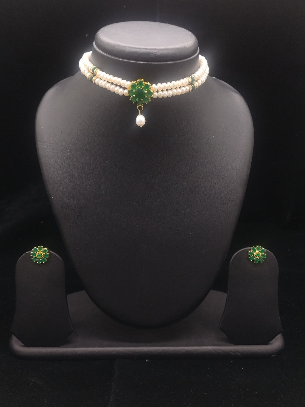 2-Line Flat Pearl Choker with Green Floral Pendant | Jagdamba3