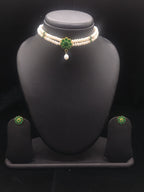 2-Line Flat Pearl Choker with Green Floral Pendant | Jagdamba3