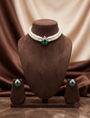 2-Line Flat White Pearl Choker Set with Green Stone Pendant
