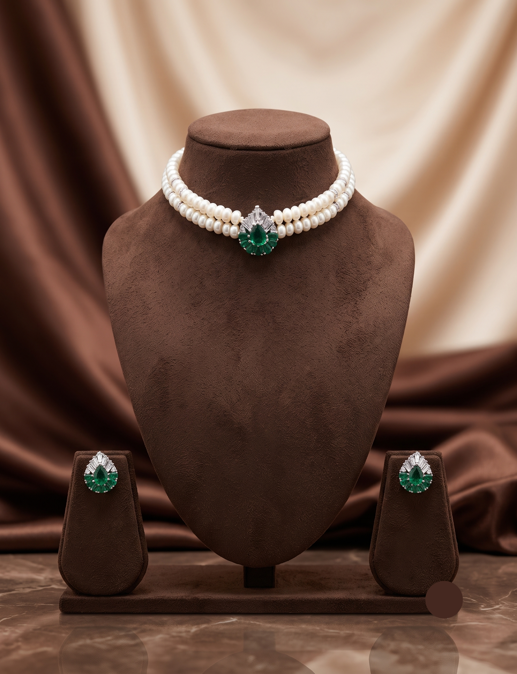 2-Line Flat White Pearl Choker Set with Green Stone Pendant