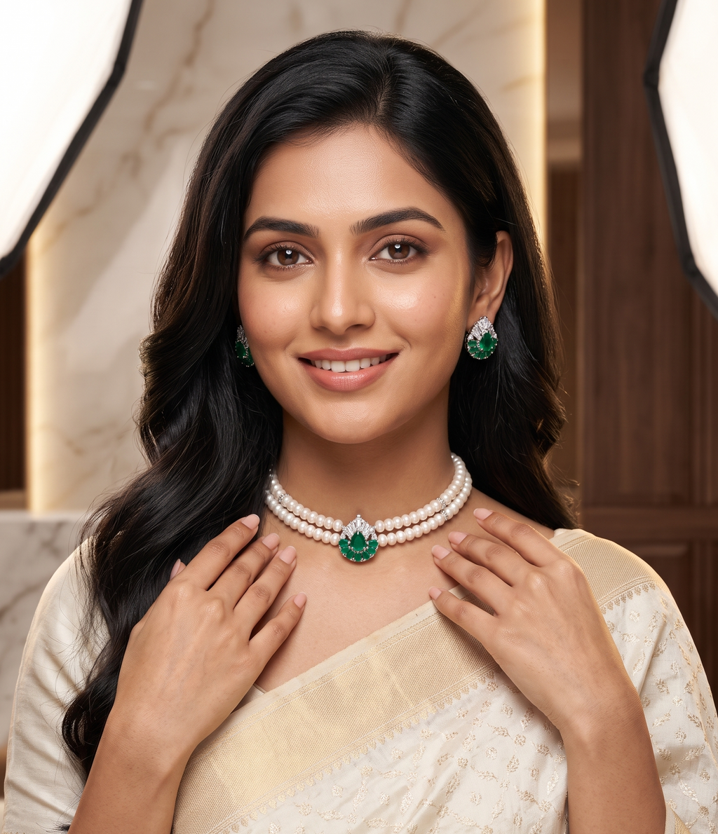 2-Line Flat White Pearl Choker Set with Green Stone Pendant1