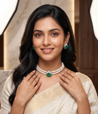 2-Line Flat White Pearl Choker Set with Green Stone Pendant1