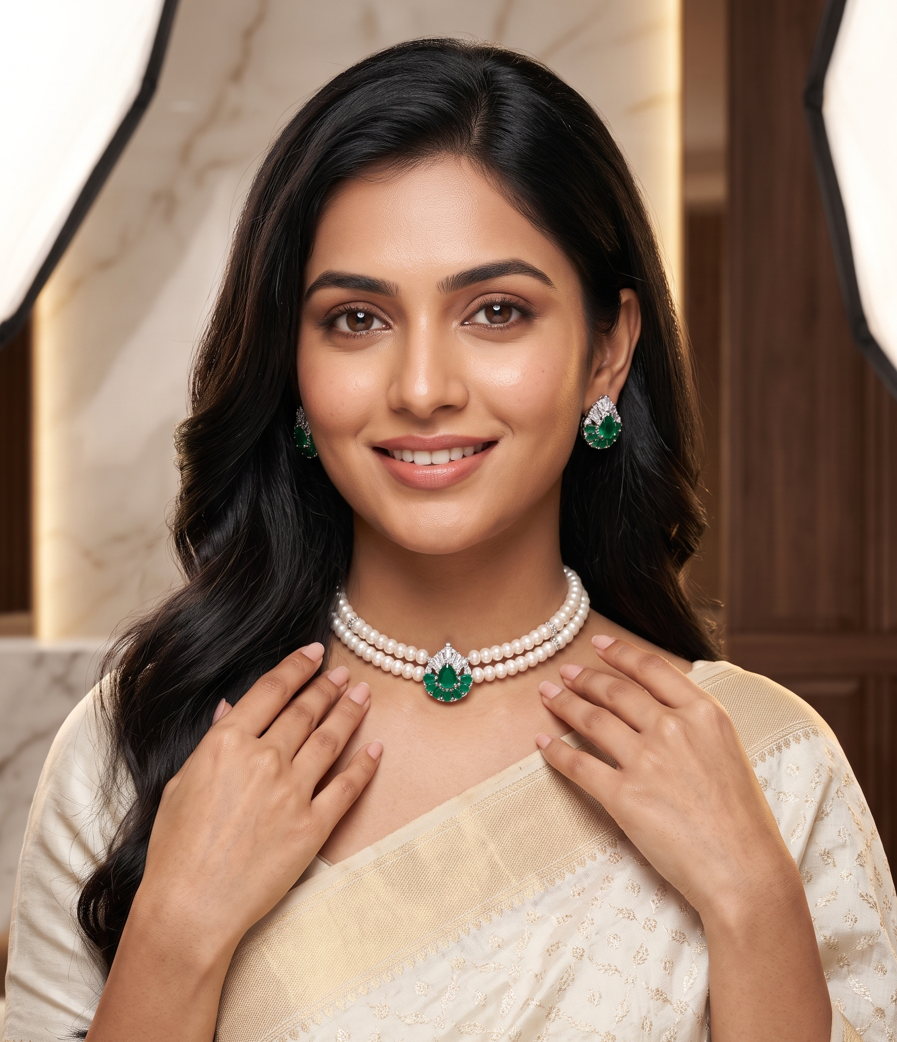 2-Line Flat White Pearl Choker Set with Green Stone Pendant1