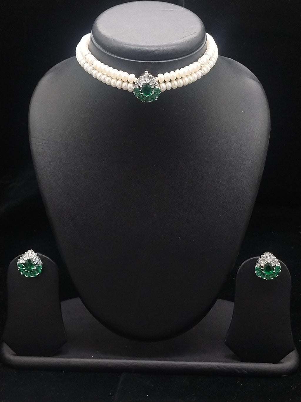 2-Line Flat White Pearl Choker Set with Green Stone Pendant2