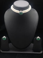 2-Line Flat White Pearl Choker Set with Green Stone Pendant2