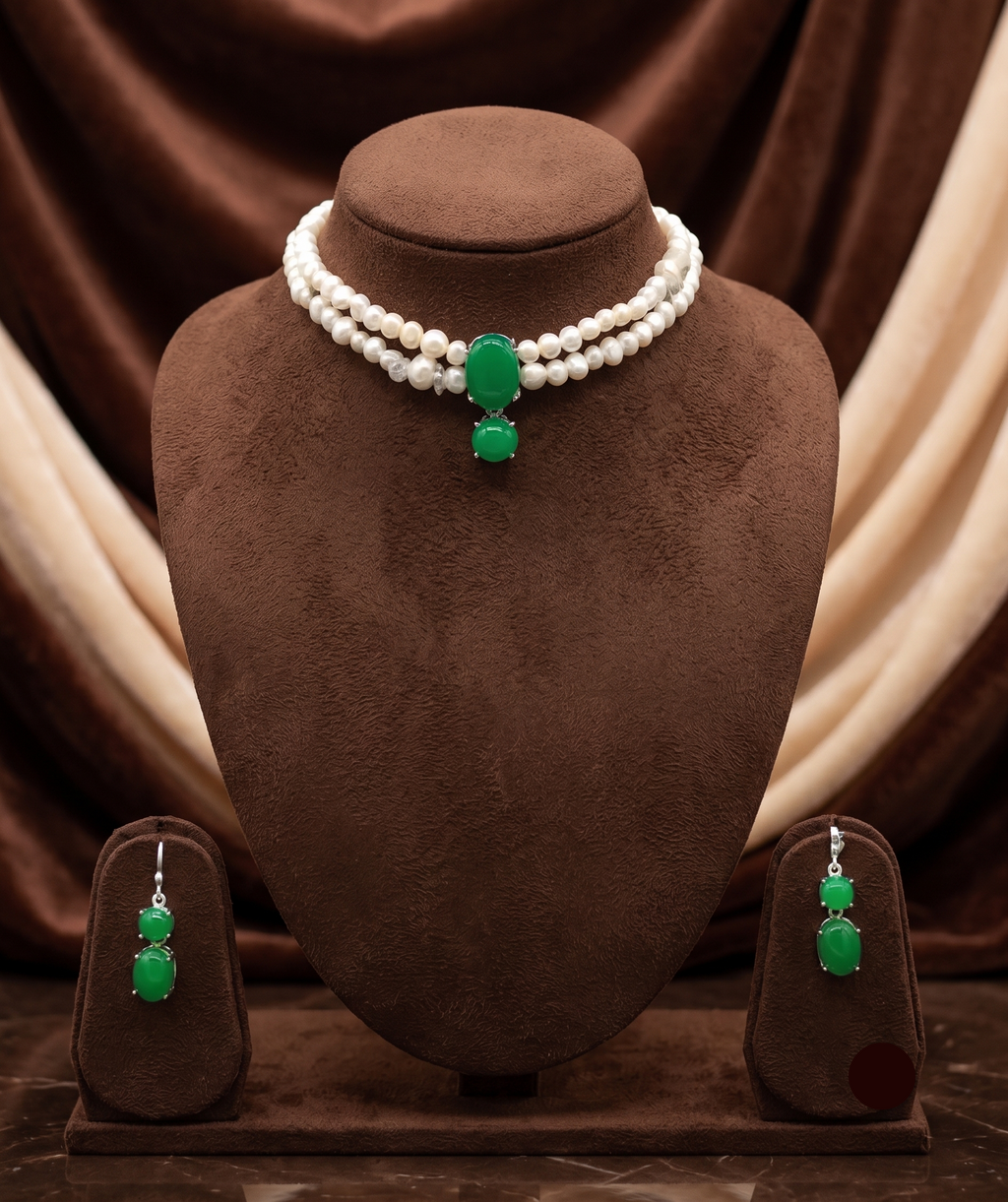 2-Line Flat White Pearl Choker with Green Stone Pendant | Jagdamba