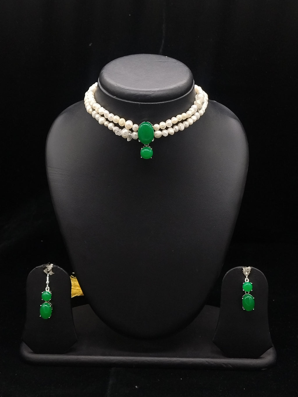 2-Line Flat White Pearl Choker with Green Stone Pendant | Jagdamba3
