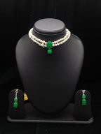 2-Line Flat White Pearl Choker with Green Stone Pendant | Jagdamba3