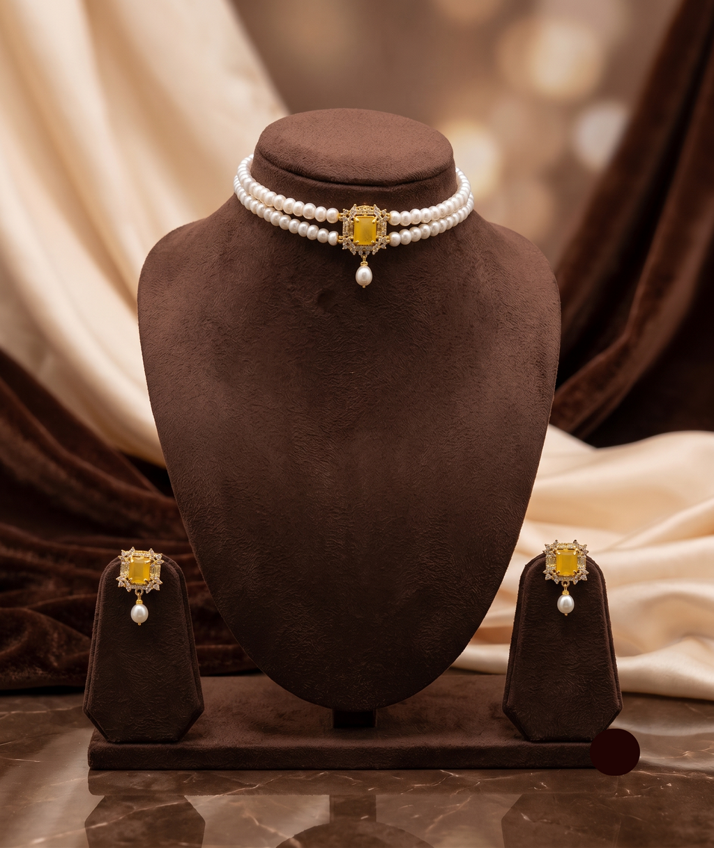 2-Line Flat White Pearl Choker with Yellow Stone Pendant | Jagdamba