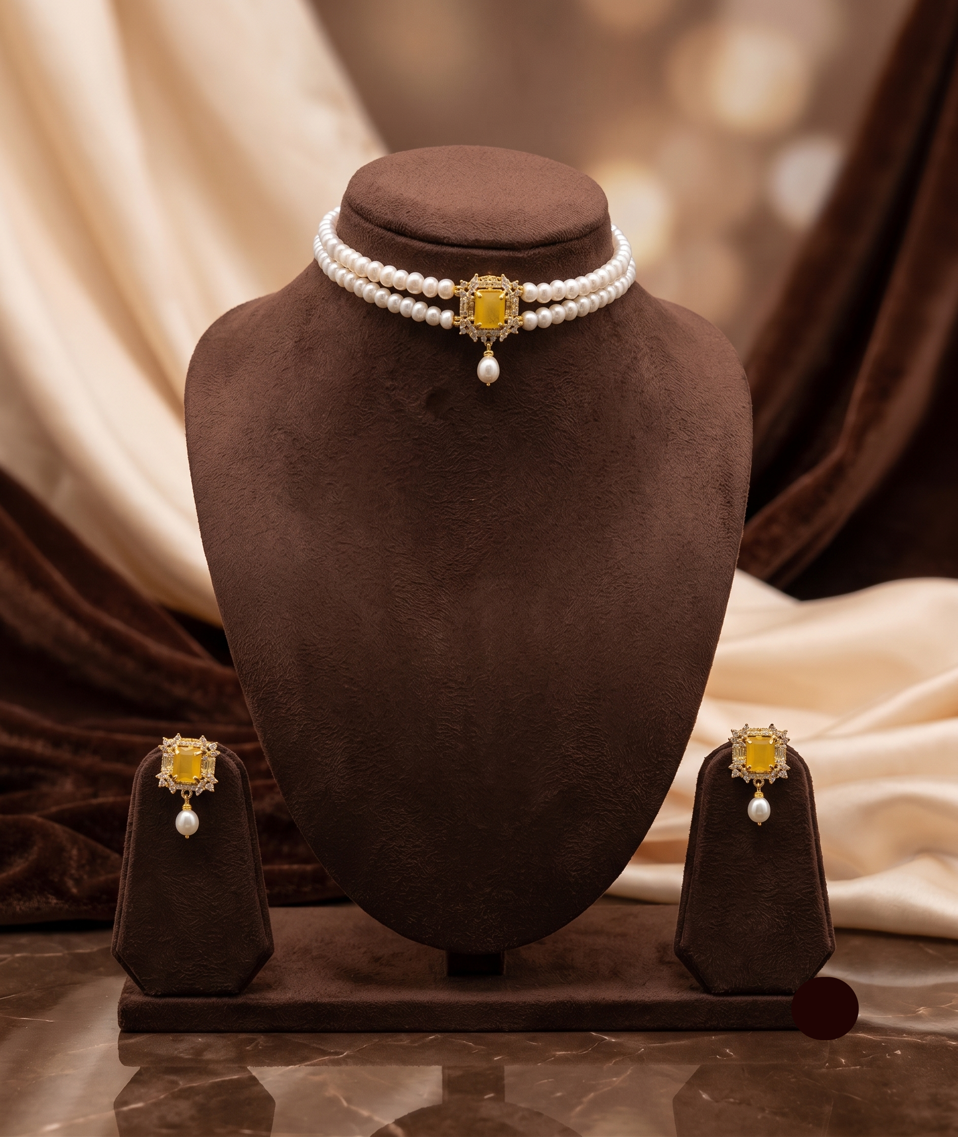 2-Line Flat White Pearl Choker with Yellow Stone Pendant | Jagdamba