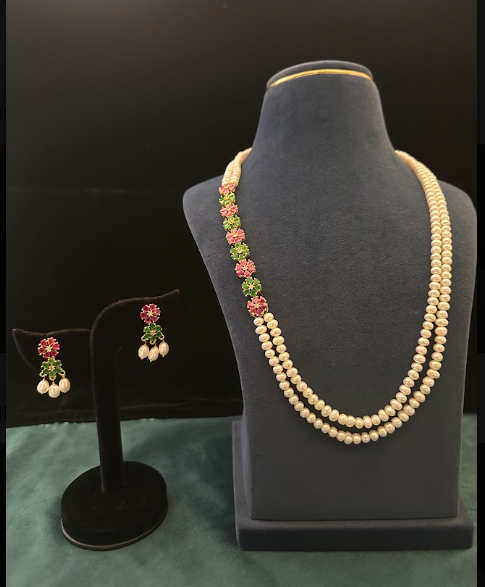 2-Line Long Pearl Mala with Pink & Green Brooch | Jagdamba2