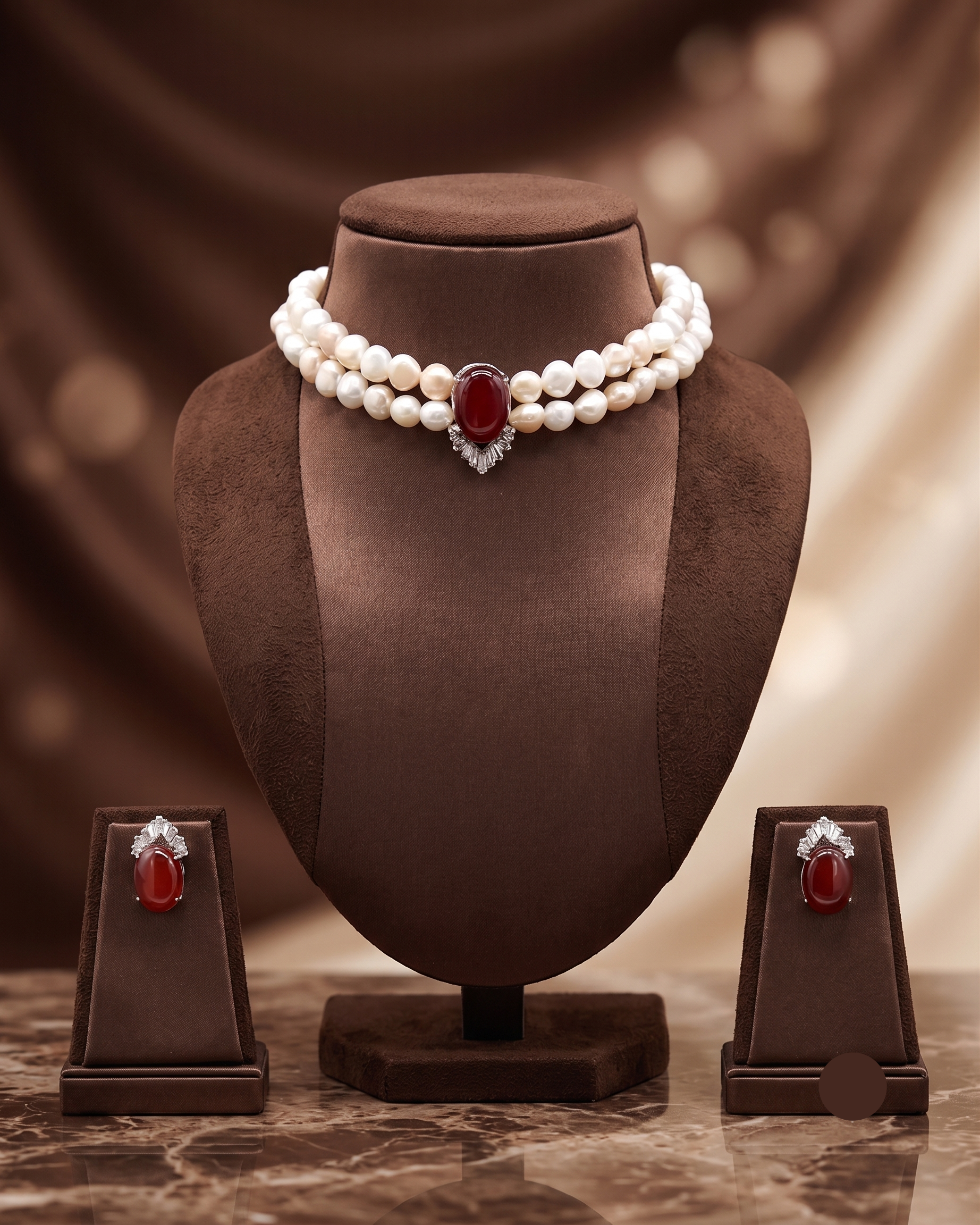 2-Line Pink & White Pearl Choker with Brown Stone Pendant