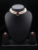 2-Line Pink & White Pearl Choker with Brown Stone Pendant2