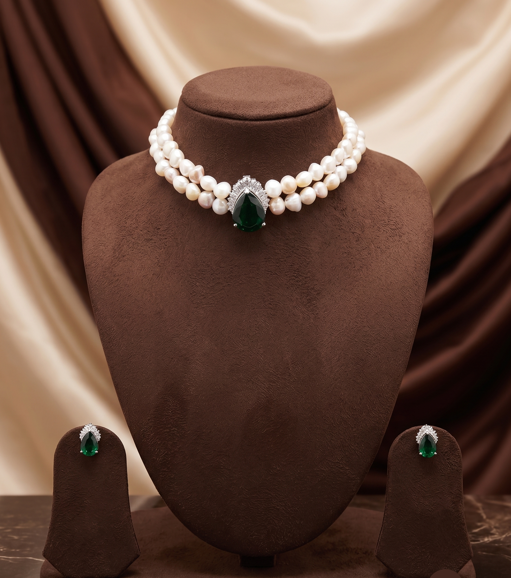 2-Line Pink & White Pearl Choker with Green Stone Pendant