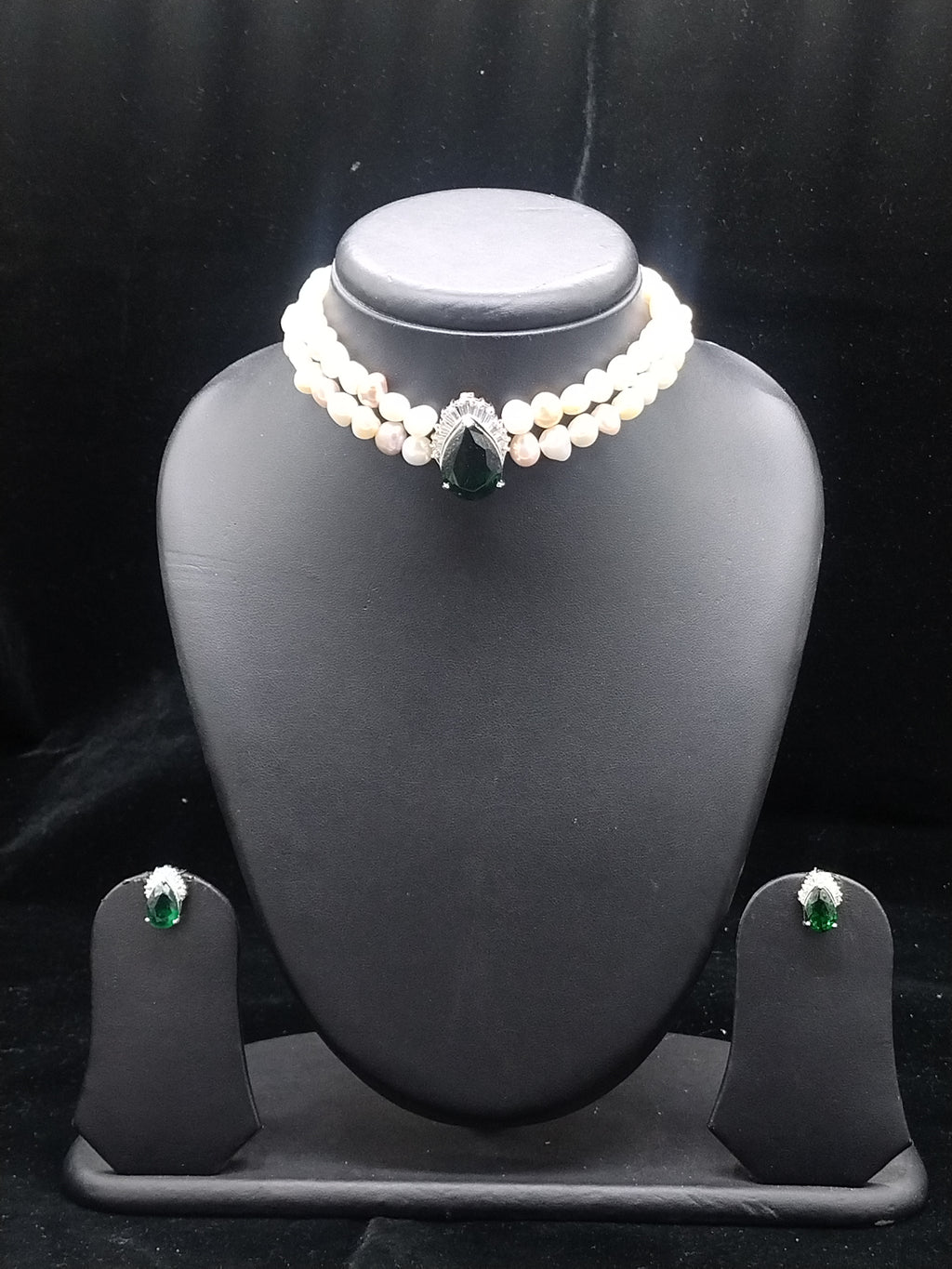 2-Line Pink & White Pearl Choker with Green Stone Pendant1