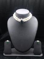 2-Line Pink & White Pearl Choker with Green Stone Pendant1