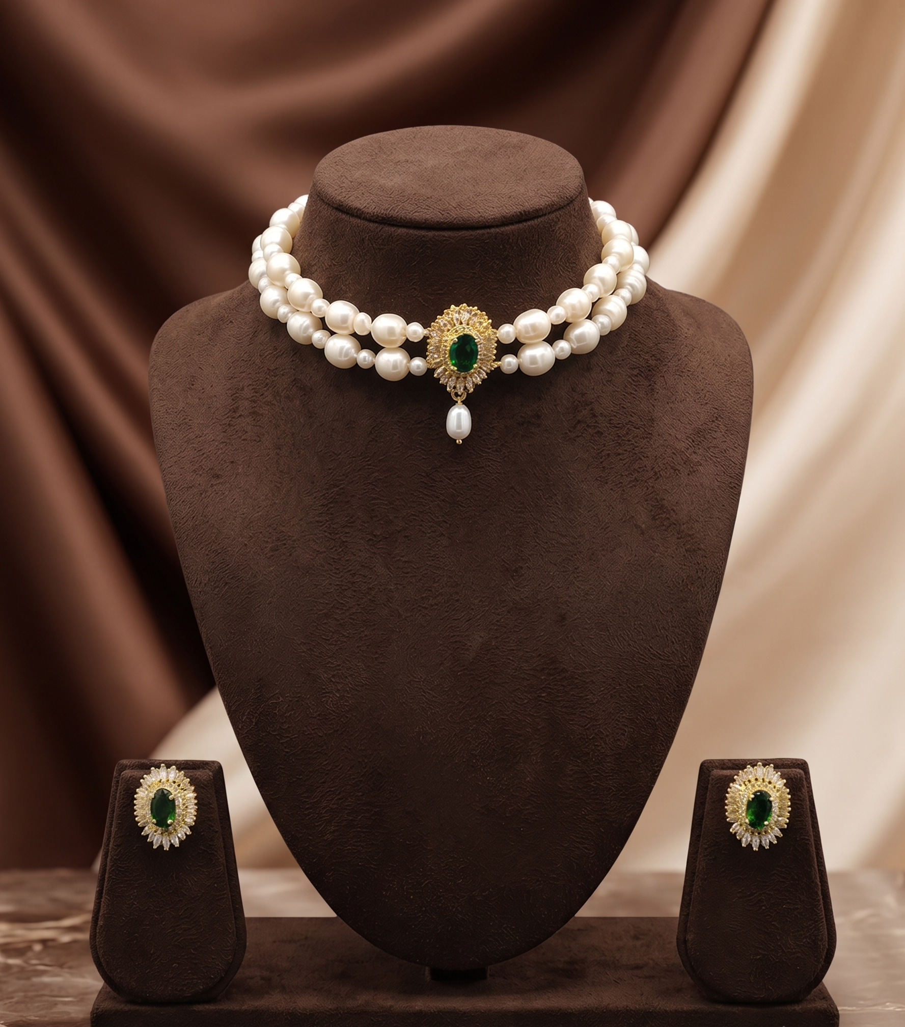 2-Line White Pearl Choker Set with Green Stone Medallion