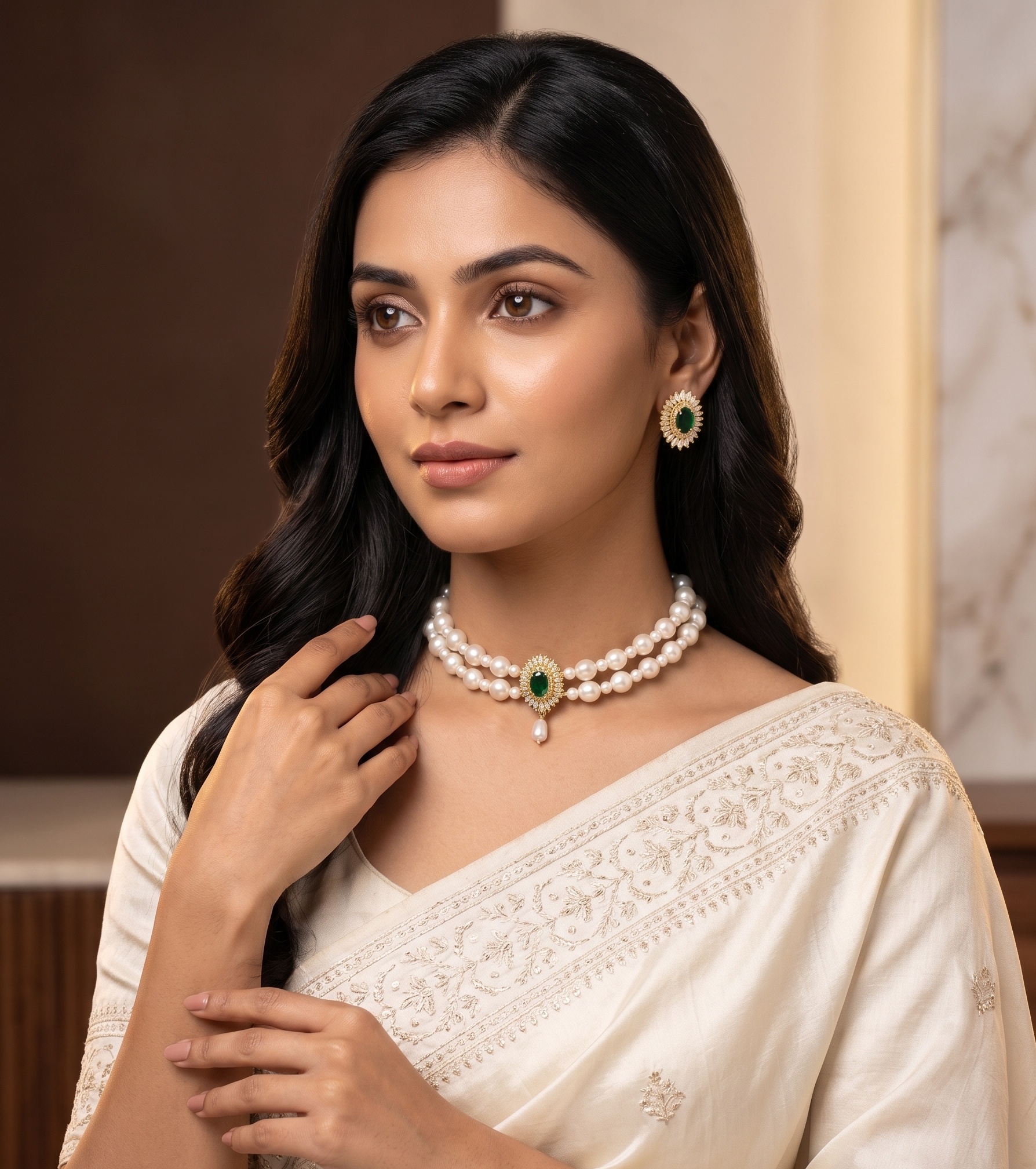 2-Line White Pearl Choker Set with Green Stone Medallion2