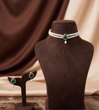 2-Line White Pearl Choker Set with Green Teardrop Pendant