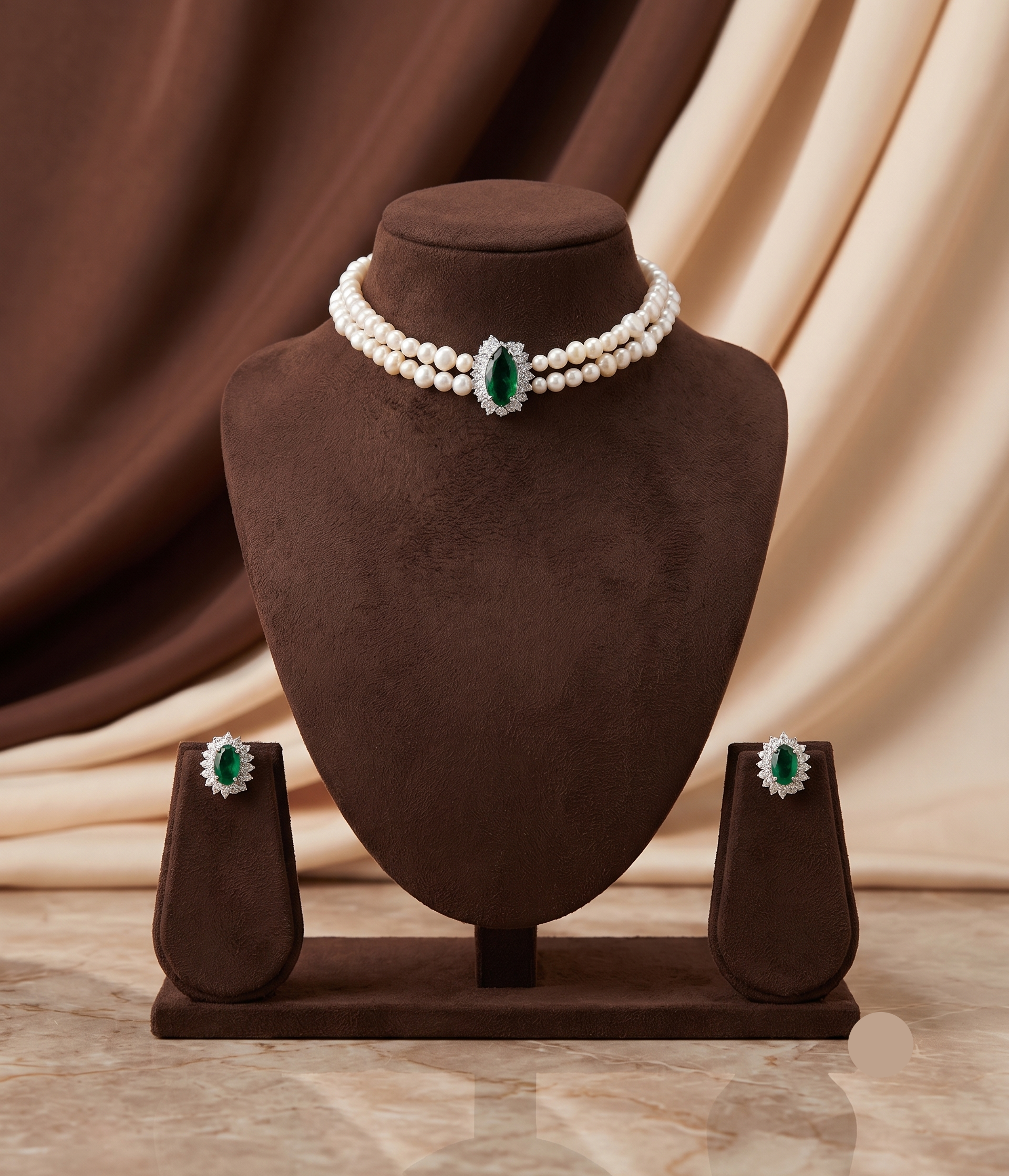 2-Line White Pearl Choker Set with Marquise Green Pendant
