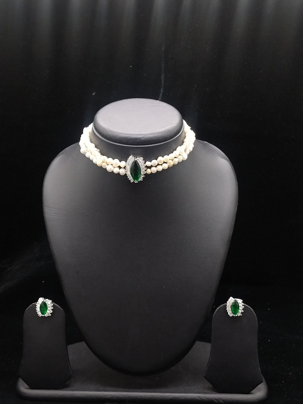 2-Line White Pearl Choker Set with Marquise Green Pendant1