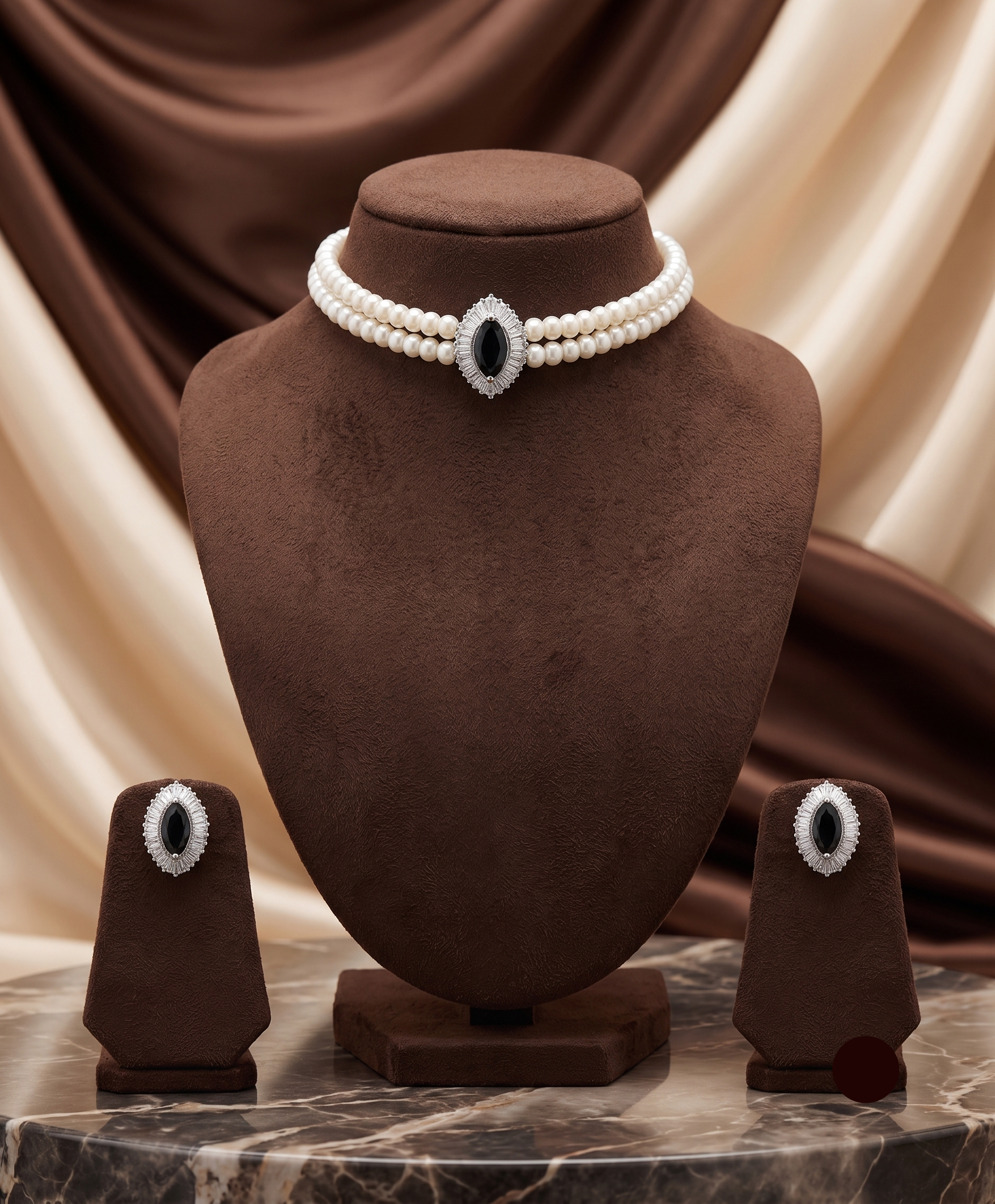 2-Line White Pearl Choker with Black Stone Pendant | Jagdamba