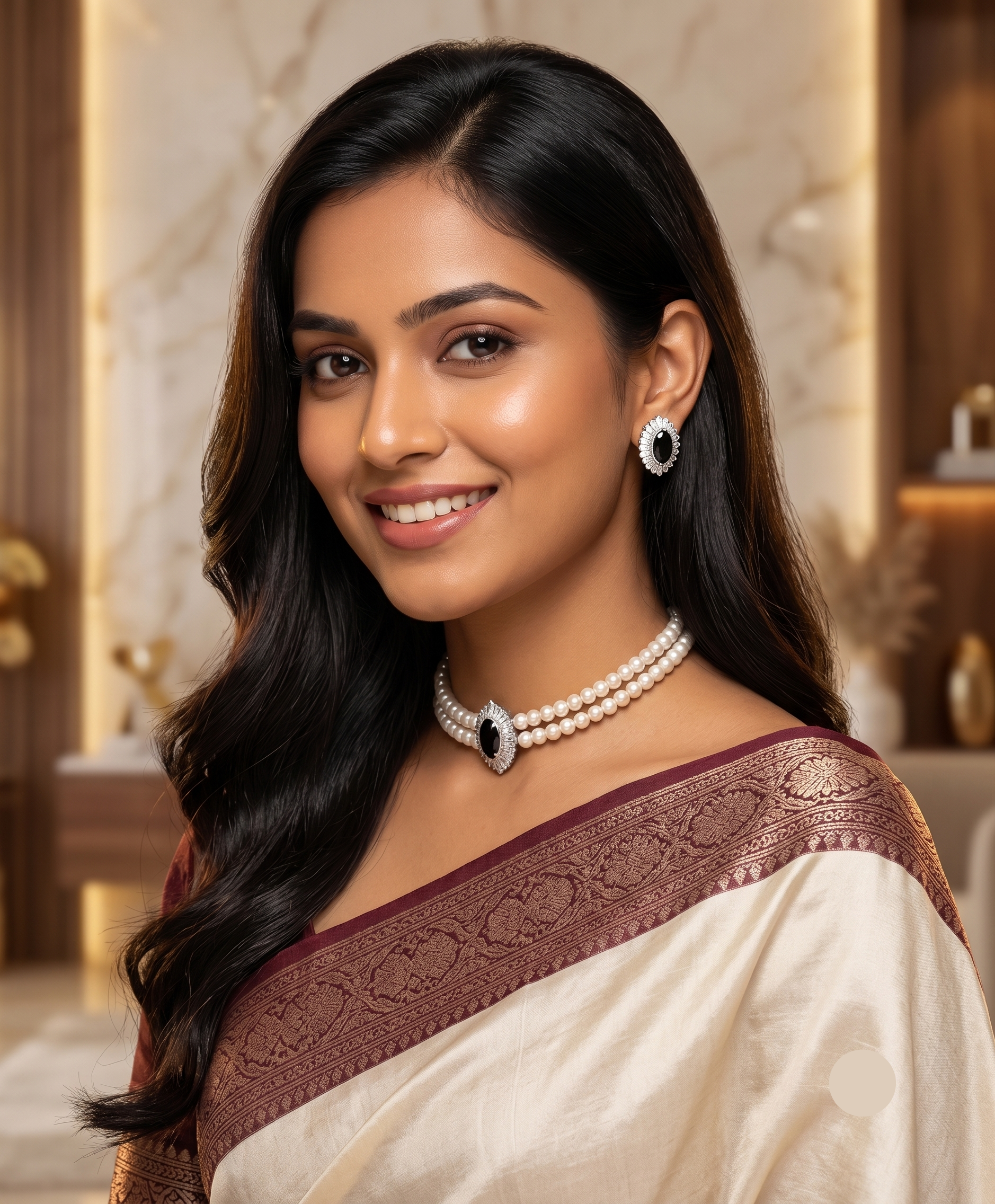 2-Line White Pearl Choker with Black Stone Pendant | Jagdamba2