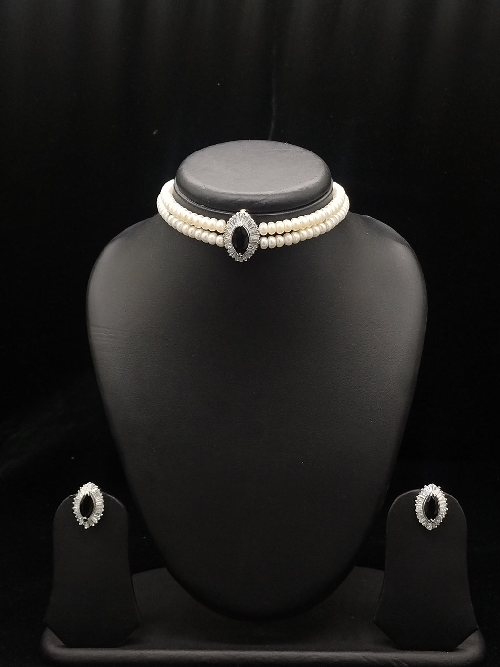 2-Line White Pearl Choker with Black Stone Pendant | Jagdamba4