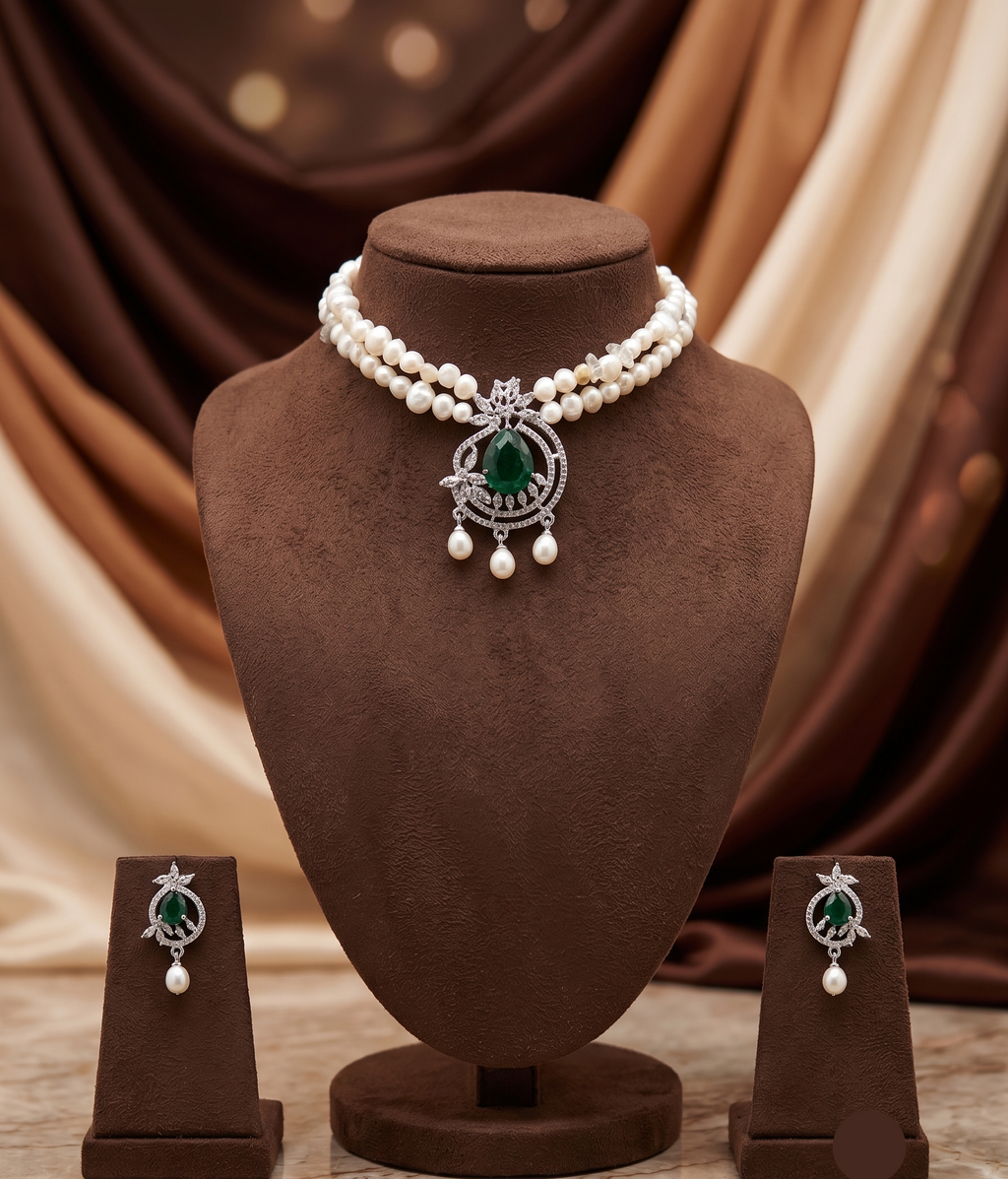 2-Line White Pearl Choker with Green Stone Pendant | Jagdamba