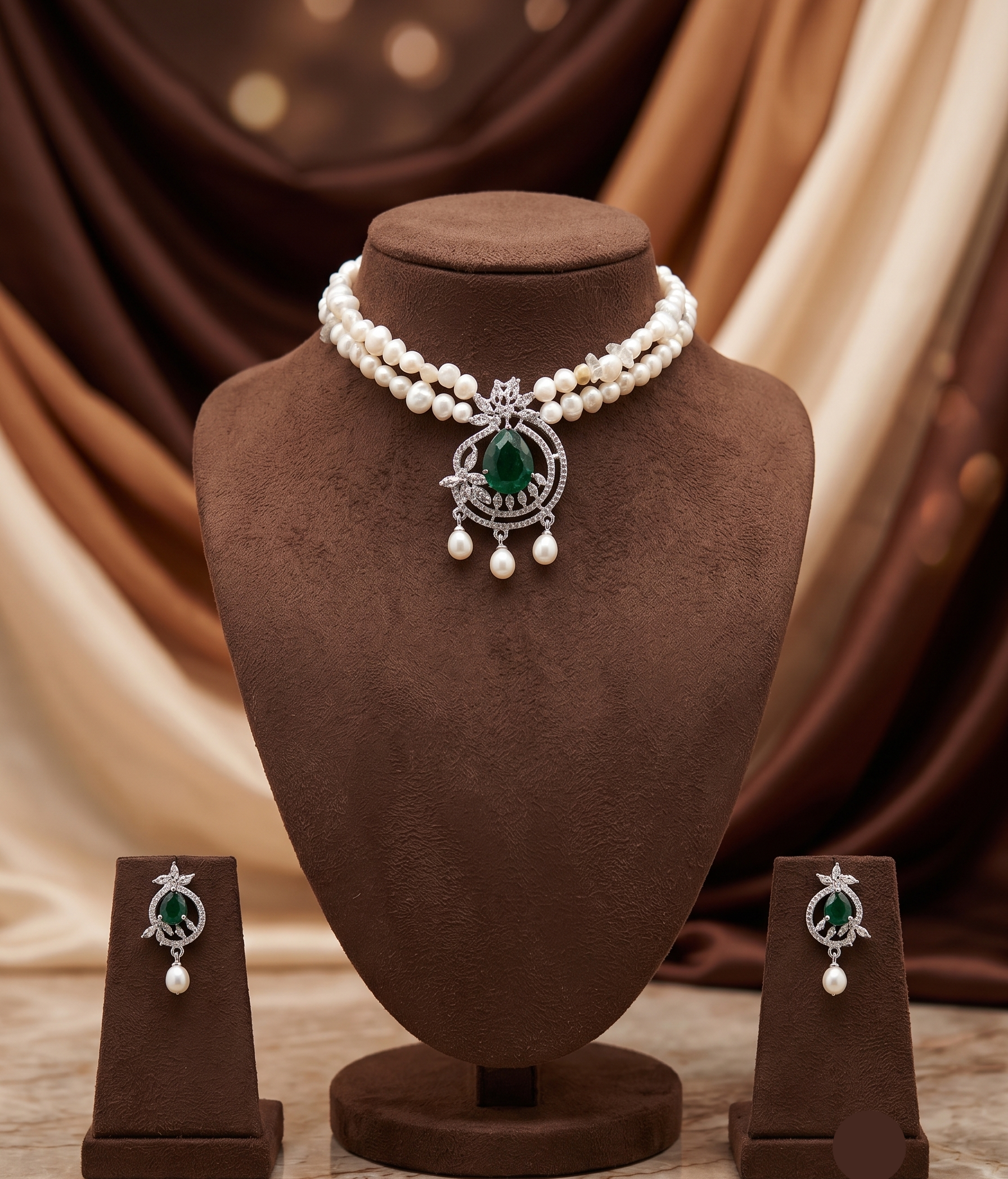 2-Line White Pearl Choker with Green Stone Pendant | Jagdamba