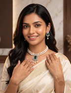 2-Line White Pearl Choker with Green Stone Pendant | Jagdamba2