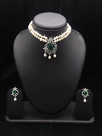 2-Line White Pearl Choker with Green Stone Pendant | Jagdamba4