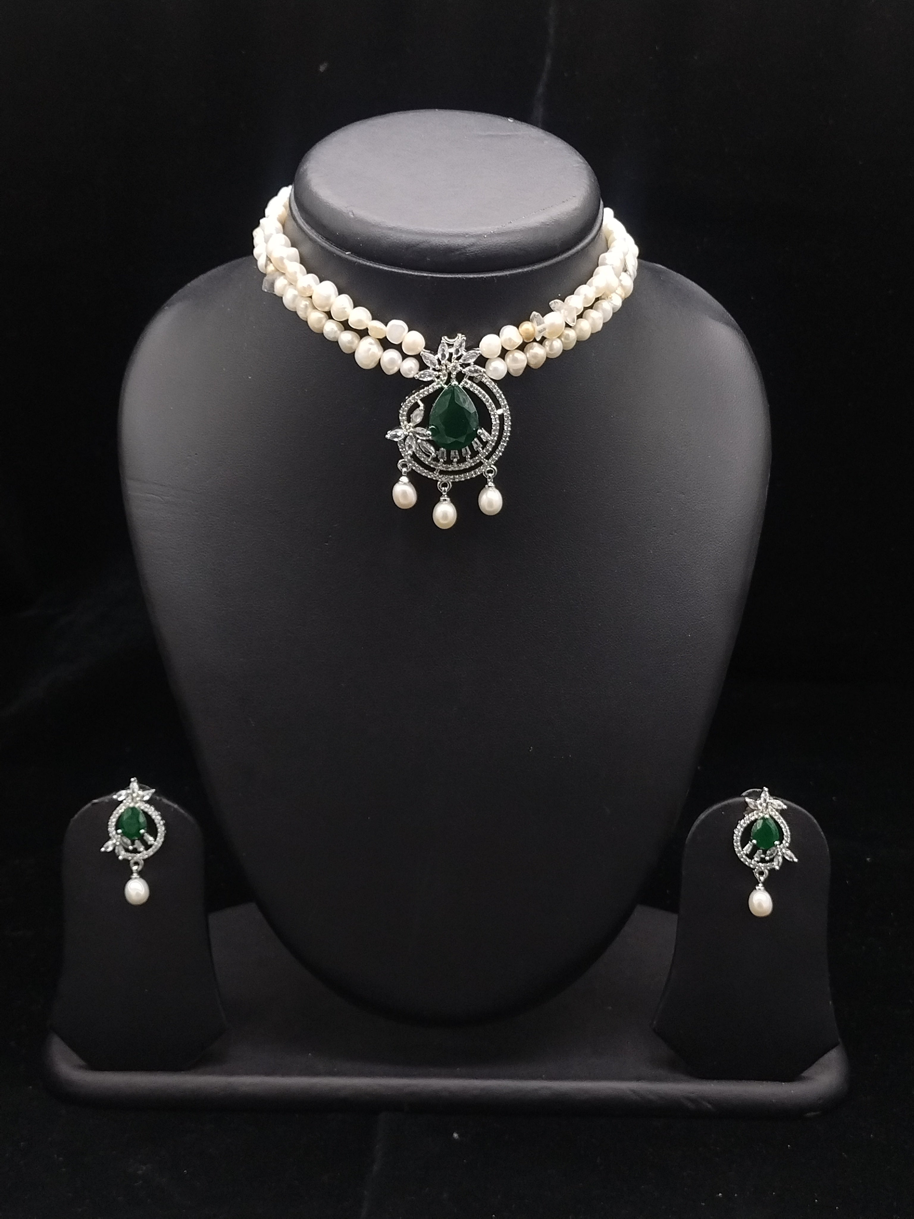 2-Line White Pearl Choker with Green Stone Pendant | Jagdamba4