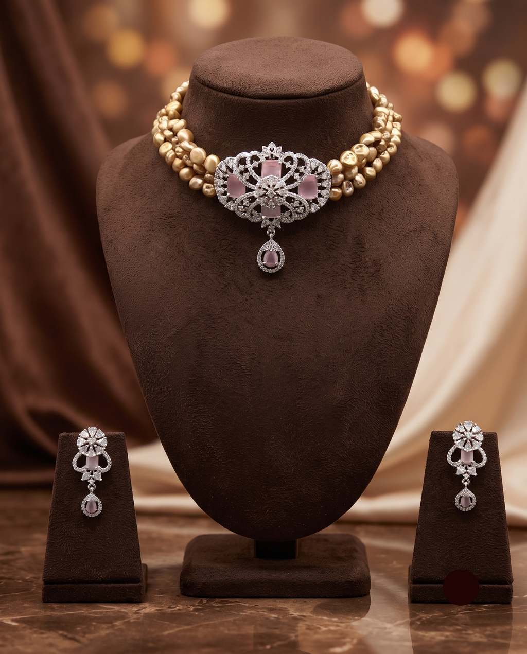 3-Line Brown Pearl Choker Set with Pink Stone Pendant