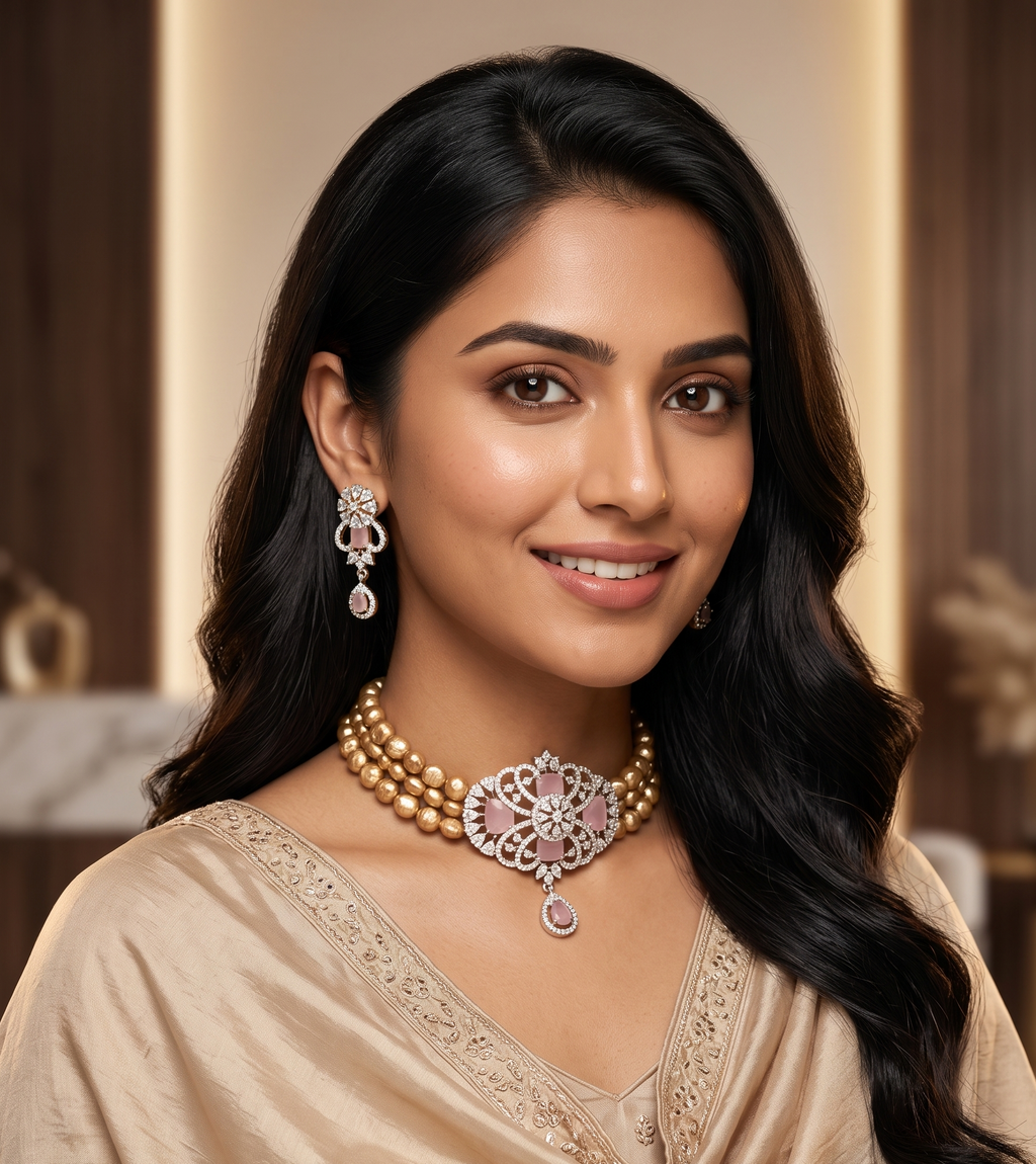 3-Line Brown Pearl Choker Set with Pink Stone Pendant1