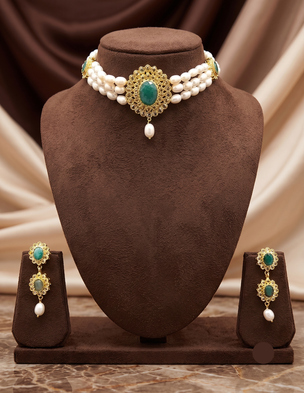 3-Line White Pearl Choker Set with Green Stone Medallion