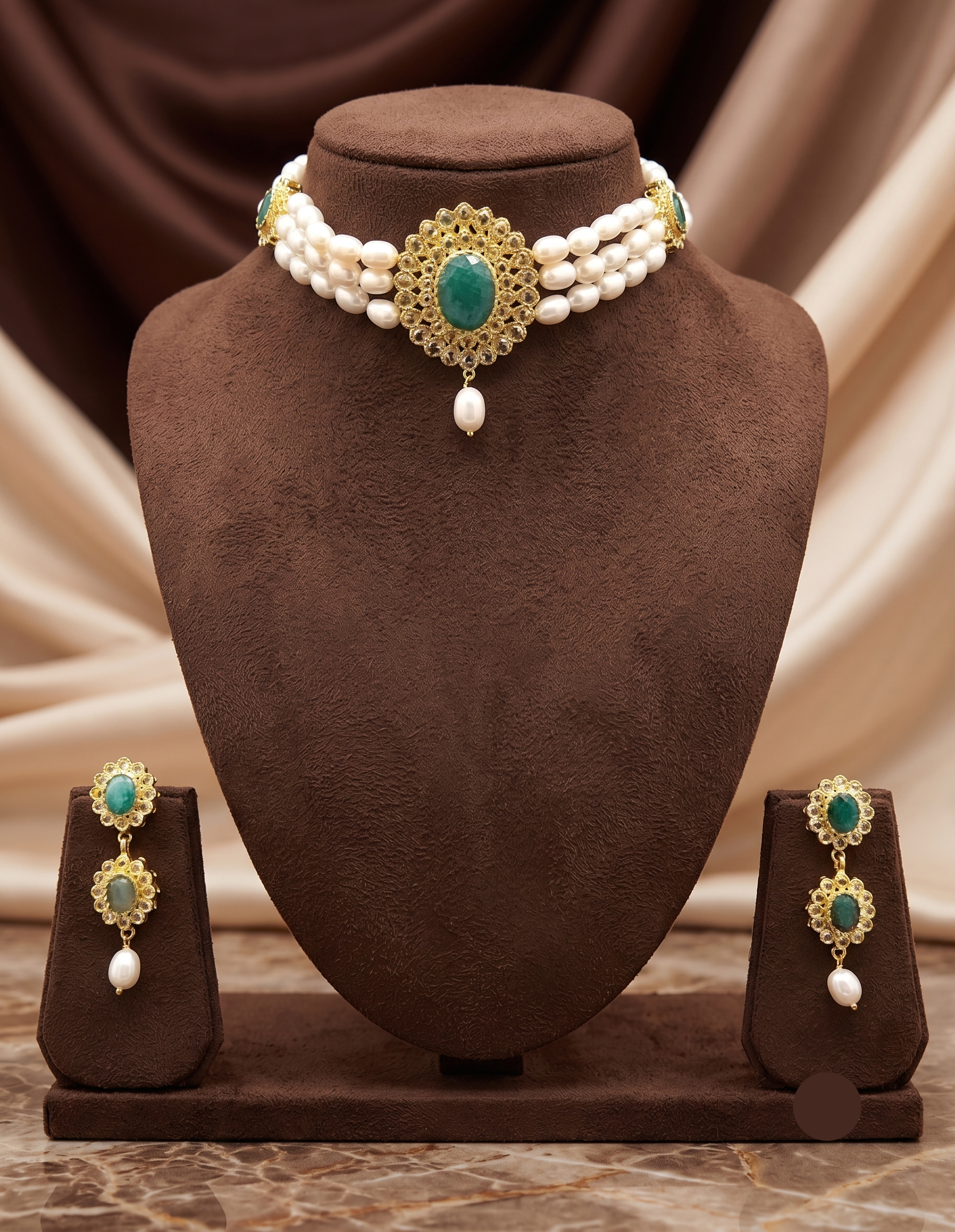 3-Line White Pearl Choker Set with Green Stone Medallion