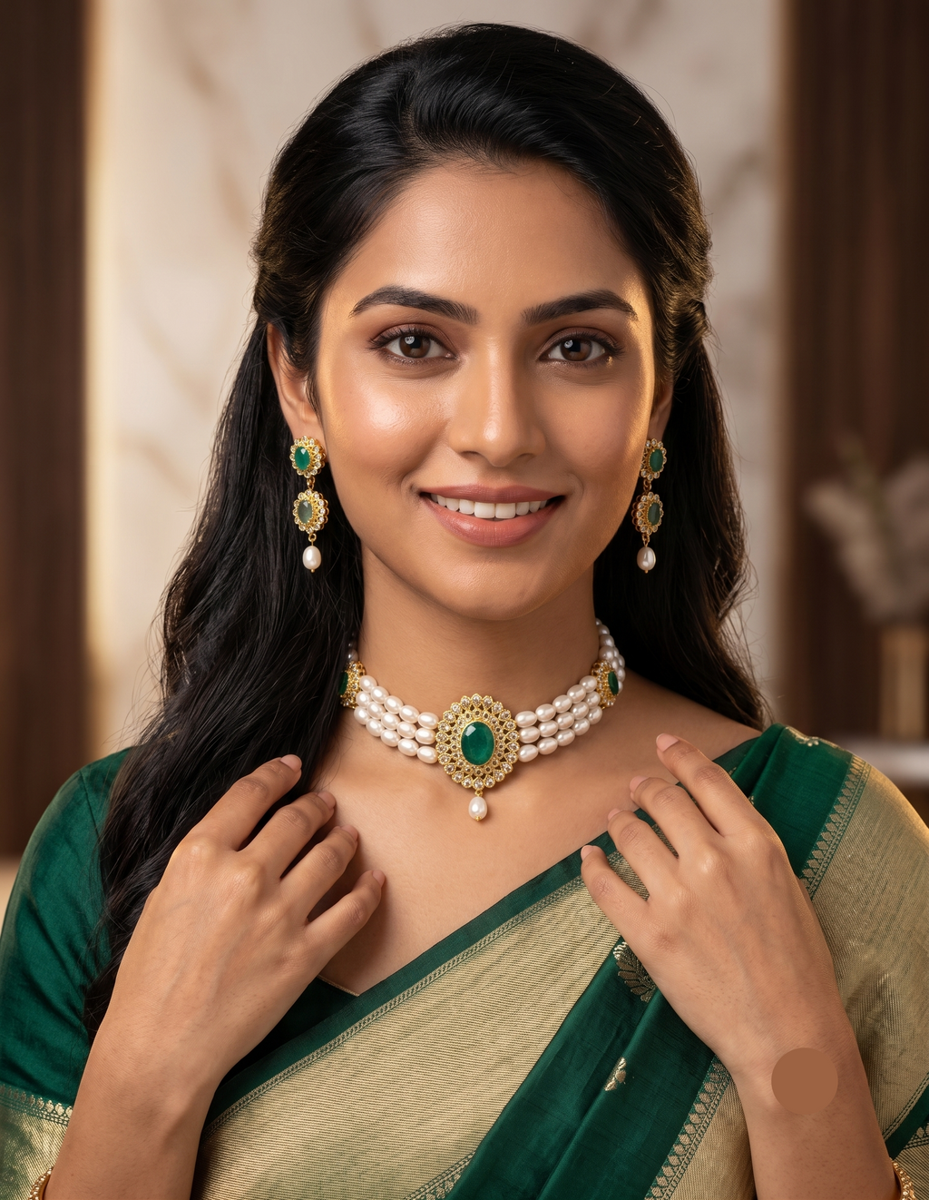 3-Line White Pearl Choker Set with Green Stone Medallion2