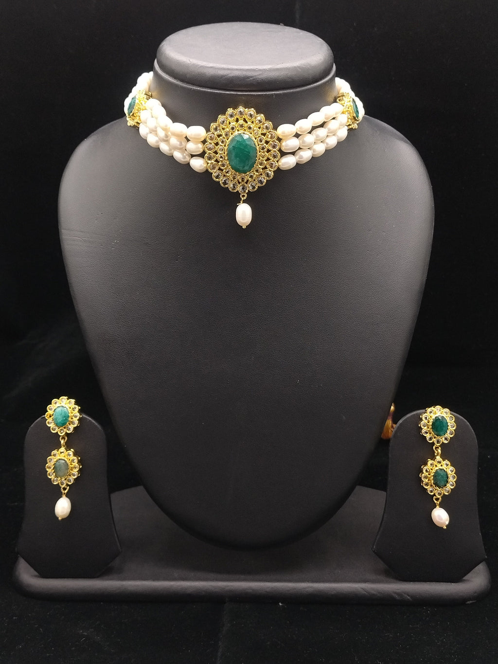 3-Line White Pearl Choker Set with Green Stone Medallion3