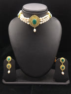 3-Line White Pearl Choker Set with Green Stone Medallion3