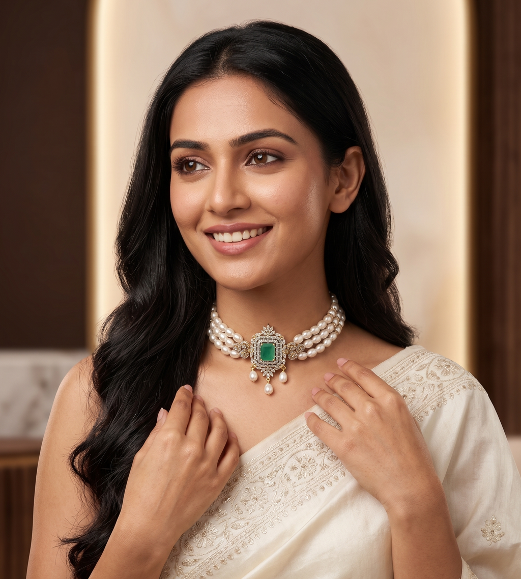 3-Line White Pearl Choker Set with Mint Green Stone Pendant1
