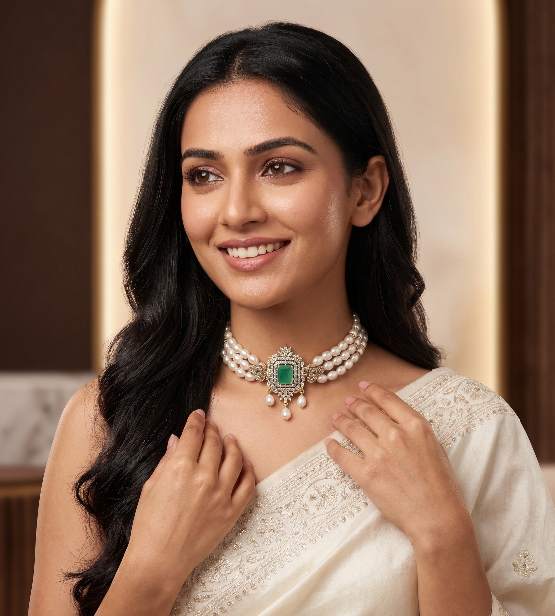3-Line White Pearl Choker Set with Mint Green Stone Pendant1