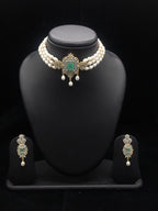 3-Line White Pearl Choker Set with Mint Green Stone Pendant3