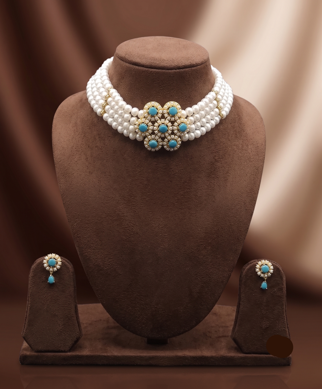 4-Line Flat Pearl Choker with Turquoise Pendant | Jagdamba