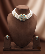 4-Line Flat Pearl Choker with Turquoise Pendant | Jagdamba