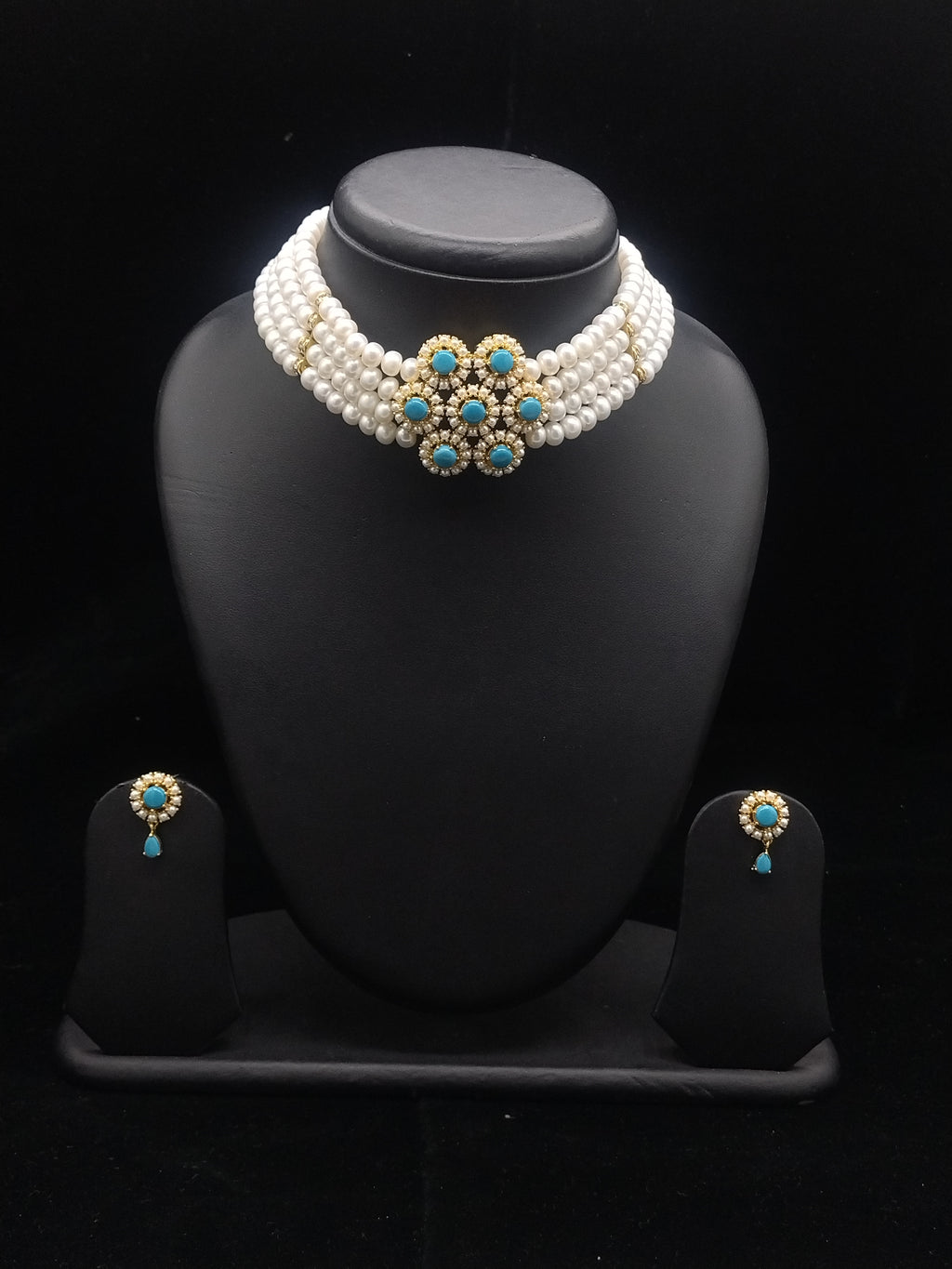 4-Line Flat Pearl Choker with Turquoise Pendant | Jagdamba2