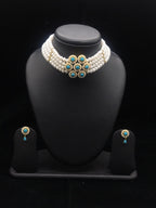 4-Line Flat Pearl Choker with Turquoise Pendant | Jagdamba2