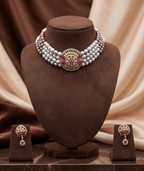 4-Line Grey & Black Pearl Choker Set with Pink Stone Pendant