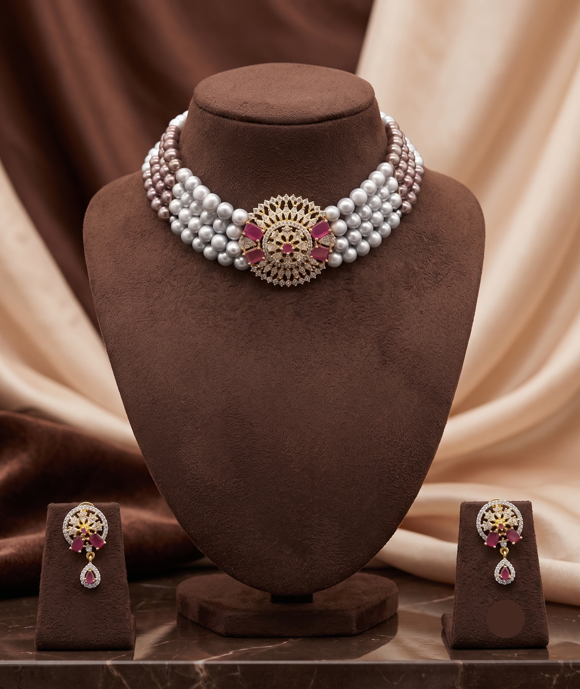 4-Line Grey & Black Pearl Choker Set with Pink Stone Pendant